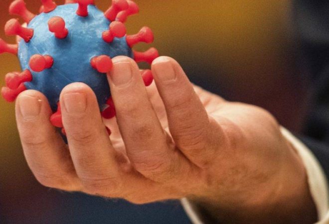 A model of the novel coronavirus SARS-CoV-2 lays on a desk next to the name sign of Lower Saxony's State Premier Stephan Weil as he visits the Helmholtz Center for Infection Research (Helmholtz-Zentrum für Infektionsforschung HIZ) in Braunschweig, northern Germany, on May 8, 2020. - The centre reports that its scientific research has led to a breakthrough in the development of artificial antibodies for immune therapies, giving hope for antibody therapy against the Covid-19 disease caused by the novel coronavirus. Virologist Luka Cicin-Sain and his team say they have succeeded in detecting an antibody that successfully prevents the novel coronavirus from entering cells. (Photo by JENS SCHLUETER / AFP) / ALTERNATIVE CROP