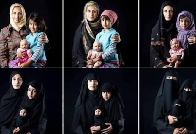 mulher e filha com roupas ocidentais