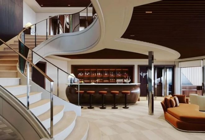Escadaria e bar interno de iate da Orient Express, com design que mistura referências art déco a elementos contemporâneos (Reprodução/Instagram/Orient Express)