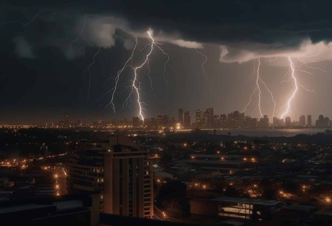 Glowing cityscape in danger amidst thunderstorm shock generated by artificial intelligence