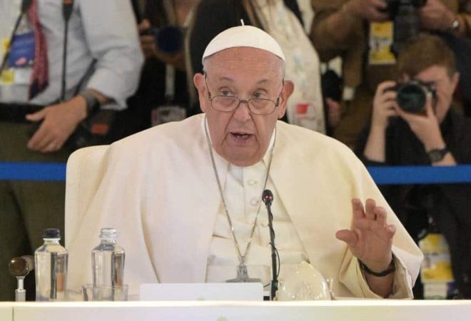 Pope Francis takes part in a working session on Artificial Intelligence (AI), Energy, Africa-Mediterranean at the Borgo Egnazia resort during the G7 Summit in Savelletri near Bari, Italy, on June 14, 2024. (Photo by Tiziana FABI / AFP)