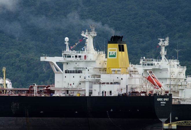Ilha Bela, Brasil - November 15, 2016: Ship of petrobras in Ilha Bela, Brazil.