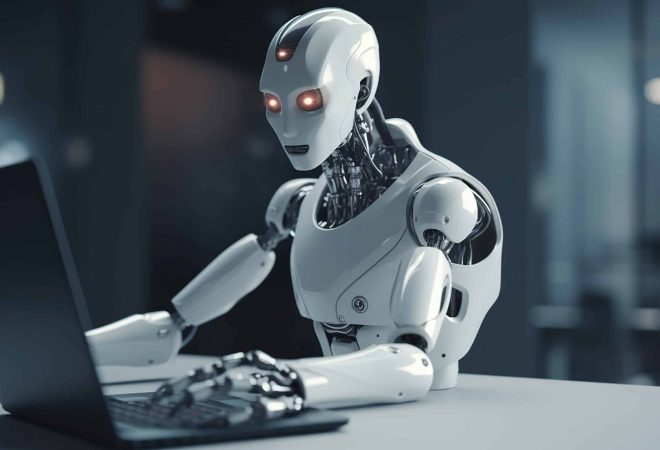 Robo advisor , chatbot , robotic concept. Robot finger point to laptop button. Generative Ai