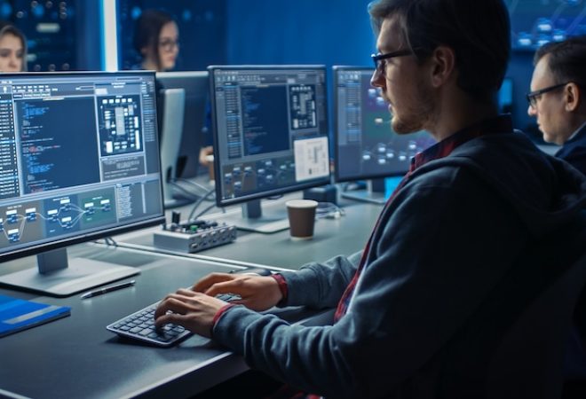 Smart Male IT Programer Working on Desktop Green Mock-up Screen Computer in Data Center System Control Room. Team of Young Professionals Programming Sophisticated Code