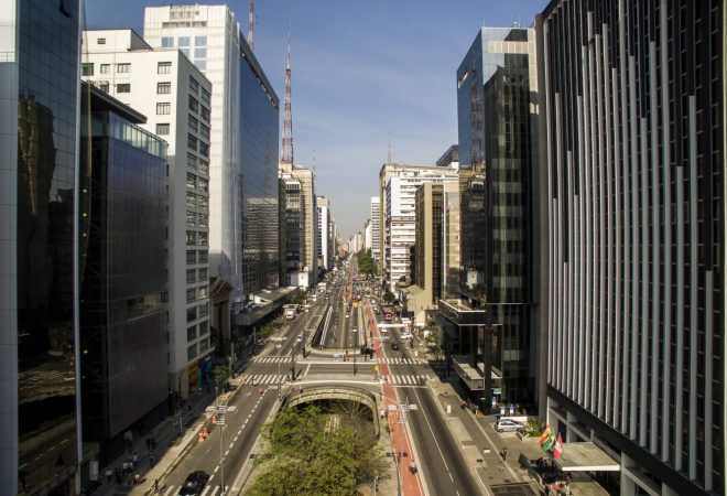 Sao Paulo, Brazil, August, 2017. Aerial view on Paulista Avenue, in Sao Paulo city