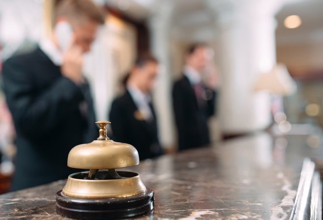Hotel service bell Concept hotel, travel, room, Modern luxury hotel reception counter desk on background.