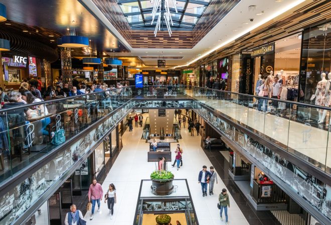 BERLIN - APRIL 28, 2018: Interior view of the new Mall of Berlin shopping centre at Leipziger Platz. The mall has various shopping facilities on four floors.