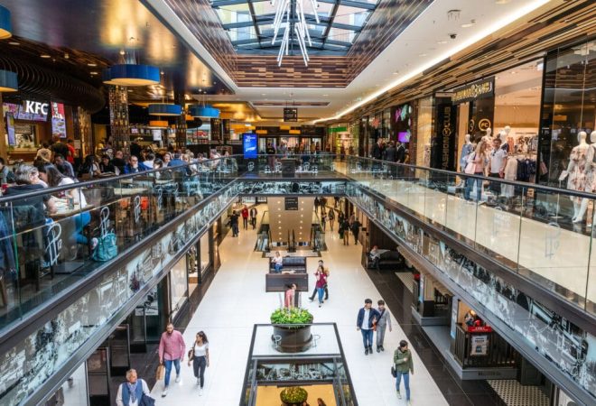 BERLIN - APRIL 28, 2018: Interior view of the new Mall of Berlin shopping centre at Leipziger Platz. The mall has various shopping facilities on four floors.
