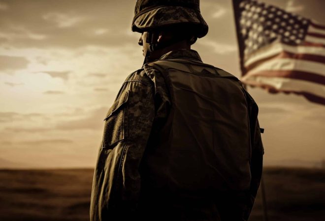 Standing army soldier salutes American flag at sunset generated by artificial intelligence