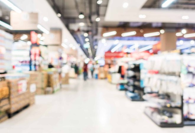 Abstract blur supermarket and shopping mall in retail sotre interior for background
