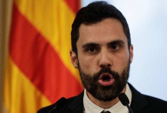 Presidente do Parlamento da Catalunha, Roger Torrent, durante discurso em Barcelona, na Espanha