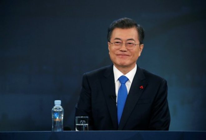 Presidente da Coreia do Sul, Moon Jae-in, durante coletiva de imprensa em Seul