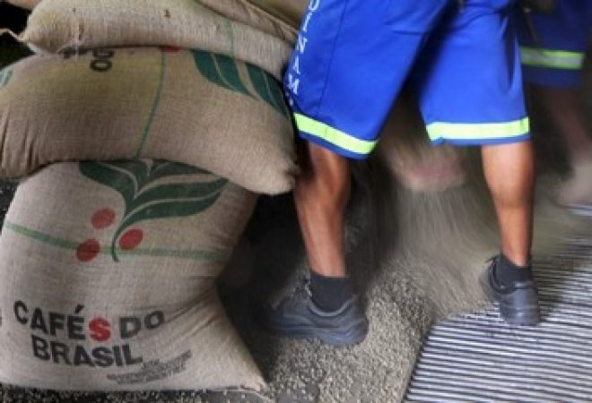 Trabalhadores descarregam sacas de 60kg de café no Porto de Santos, Brasil