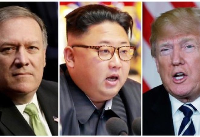 Montagem de fotos do diretor da CIA, Mike Pompeo, do líder norte-coreano, Kim Jong Un, e do presidente dos Estados Unidos, Donald Trump