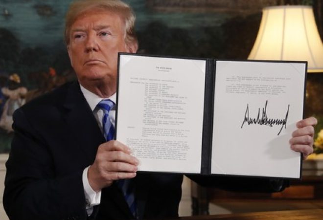 Presidente dos EUA, Donald Trump, após comunicar sua decisão de sair do acordo nuclear com o Irã em Washington, EUA