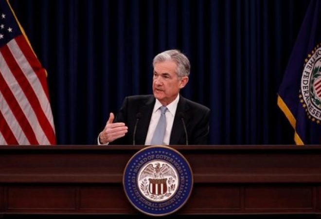 O chair do Federal Reserve, Jerome Powell, durante coletiva de imprensa em Washington, nos EUA