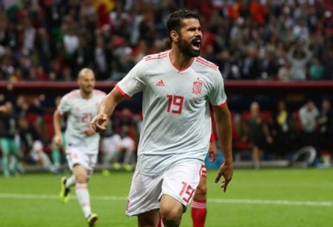 Diego Costa comemora gol marcada pela seleção da Espanha em partida contra o Irã na Copa do Mundo