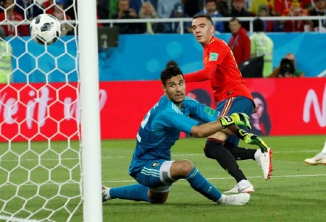 Iago Aspas, da seleção da Espanha, comemora gol marcado contra Marrocos na Copa do Mundo
