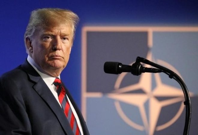 Presidente dos EUA, Donald Trump, durante entrevista coletiva na cúpula da Otan