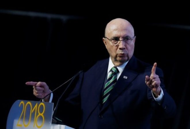 Pré-candidato do MDB à Presidência, Henrique Meirelles, durante evento em Brasília