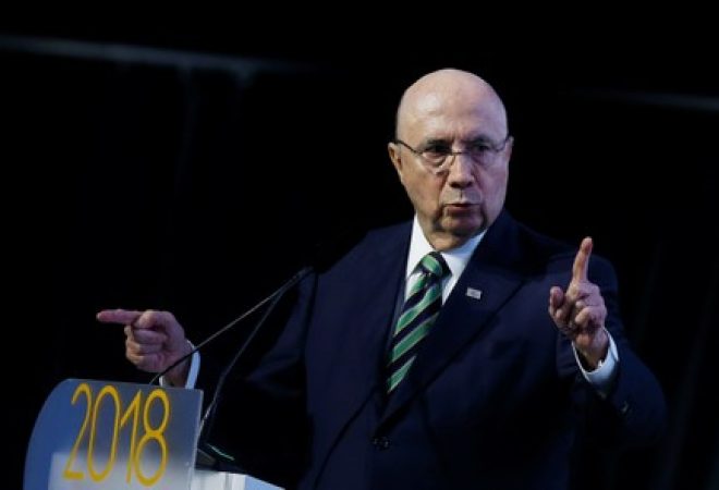 Pré-candidato do MDB à Presidência, Henrique Meirelles, durante evento em Brasília