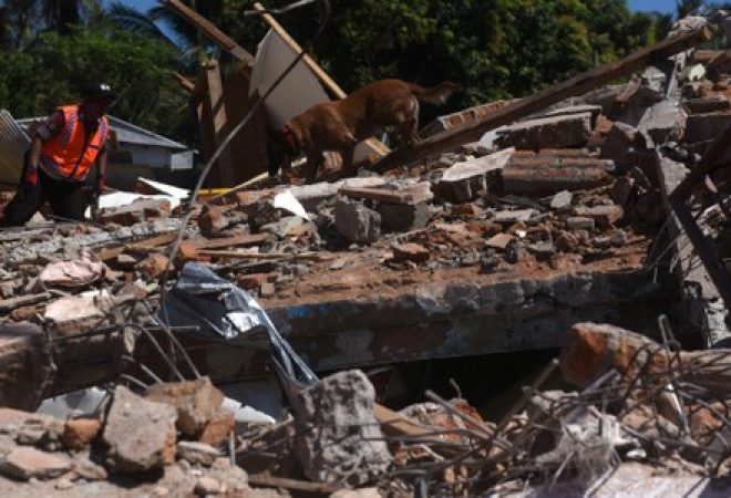 Policial e cão farejador procuram vítimas em meio a destroços de prédio destruído por terremoto em Lombok, na Indonésia