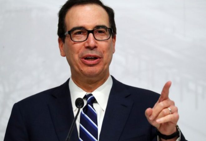 Secretário do Tesouro dos EUA, Steven Mnuchin, durante entrevista coletiva em Buenos Aires