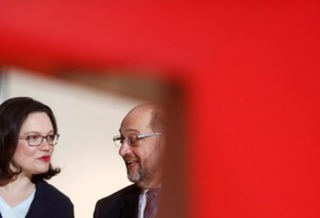 Líder do Partido Social Democrátido da Alemanha, Martin Schulz (direita), e indicada Andrea Nahles