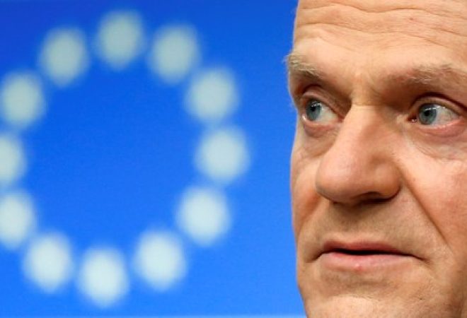Presidente do Conselho Europeu, Donald Tusk, durante coletiva de imprensa em Bruxelas, na Bélgica