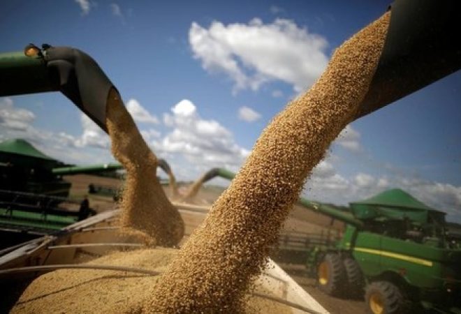 Colheitadeiras durante cerimônia de abertura da colheita de grãos em Caseara, no Brasil