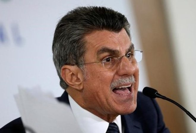 Presidente do MDB e líder do governo no Senado, Romero Jucá, durante coletiva de imprensa em Brasília