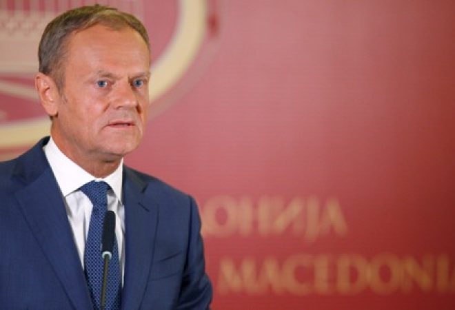 Presidente do Conselho Europeu, Donald Tusk, durante entrevista coletiva em  Skopje, na Macedônia