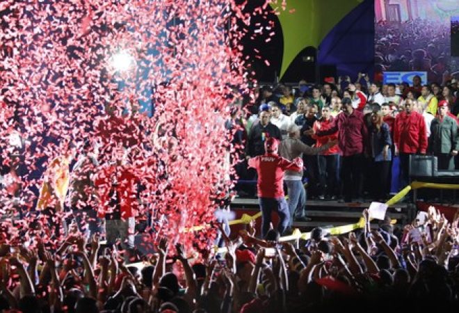Presidente da Venezuela, Nicolás Maduro, em discurso após conquistar a reeleição