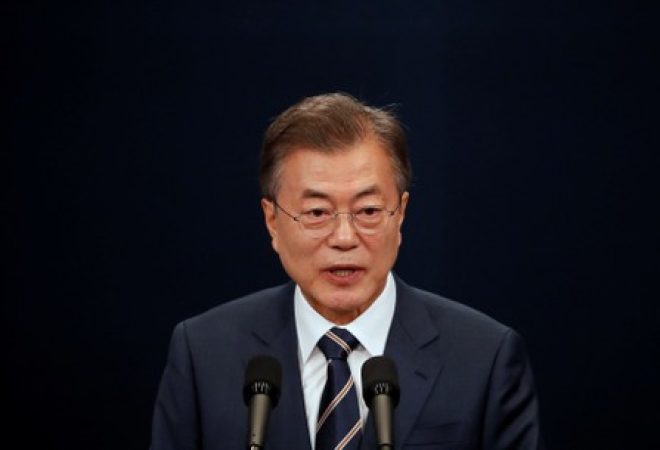 Presidente da Coreia do Sul, Moon Jae-in, durante coletiva de imprensa em Seul