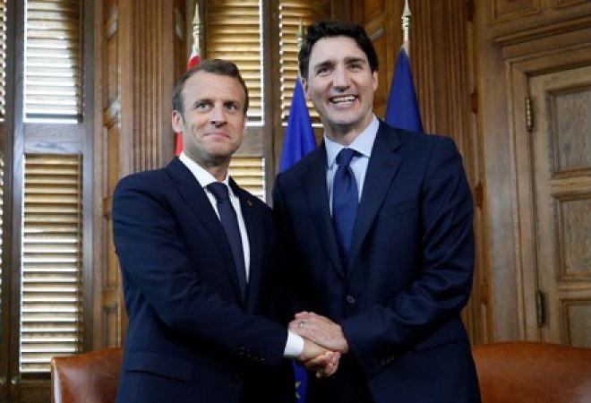 Premiê canadense, Justin Trudeau, e presidente francês, Emmanuel Macron