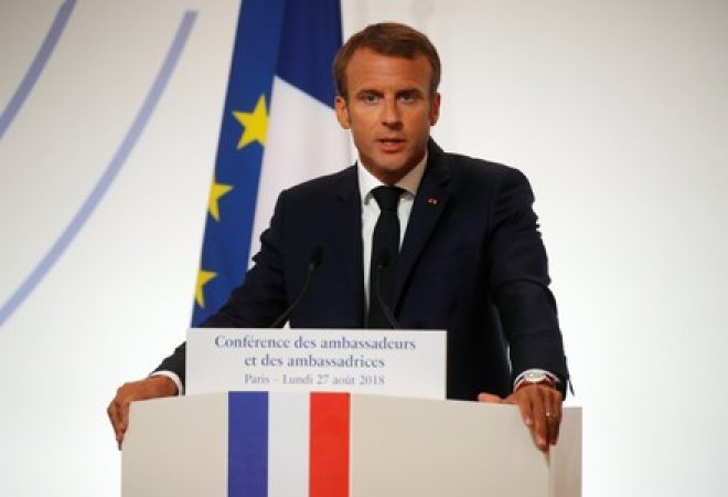 Presidente francês, Emmanuel Macron, durante discurso no Palácio do Eliseu