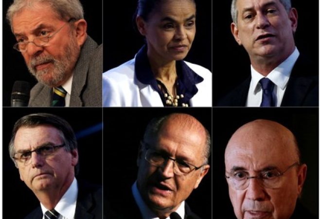 Montagem com fotos de Luiz Inácio Lula da Silva, Marina Silva, Ciro Gomes, Jair Bolsonaro, Geraldo Alckmin e Henrique Meirelles