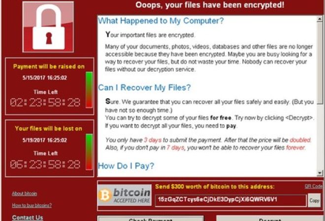 Screenshot de computador infectado pelo vírus WannaCry