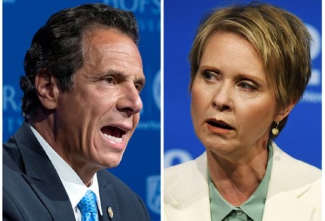Governador Andrew Cuomo e atriz e ativista Cynthia Nixon, em combinação de fotos