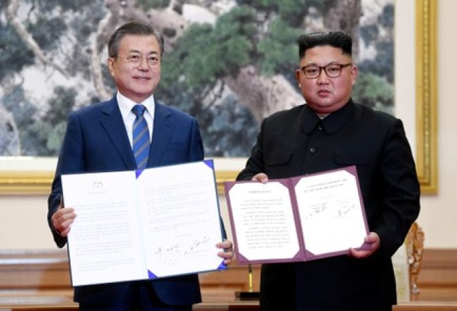 Presidente da Coreia do Sul, Moon Jae-in, e líder da Coreia do Norte, Kim Jong Un