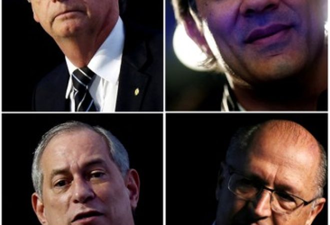 Combinação com fotos dos candidatos à Presidência da República Jair Bolsonaro, Fernando Haddad, Ciro Gomes e Geraldo Alckmin