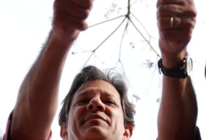 Presidential candidate Fernando Haddad of the Workers Party (PT) attends a rally in Canoas