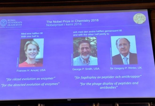 Imagem dos ganhadores do Nobel de Química de 2018 durante anúncio feito pela Real Academia Sueca de Ciências em Estocolmo