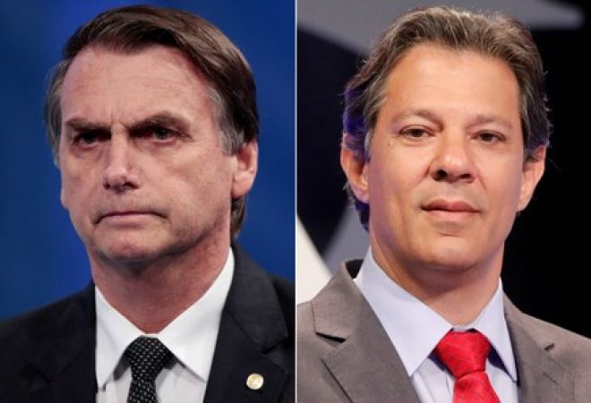 Montagem de fotos do candidato do PSL à Presidência, Jair Bolsonaro, e do candidato do PT, Fernando Haddad durante debate em São Paulo