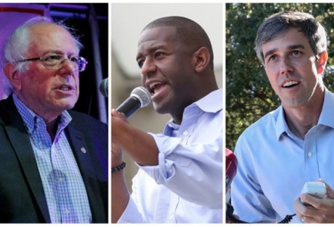 Combinação de fotos de Bernie Sanders, Andrew Gillum e Beto O'Rourke