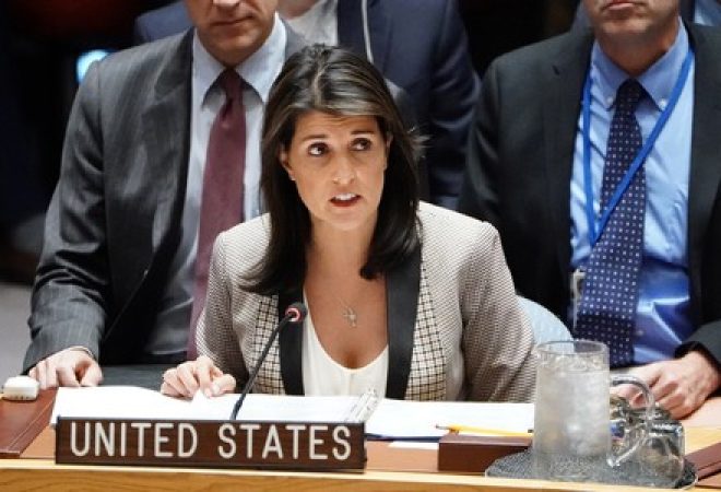 Embaixadora dos EUA na ONU, Nikki Haley, discursa na sede da ONU em Nova York