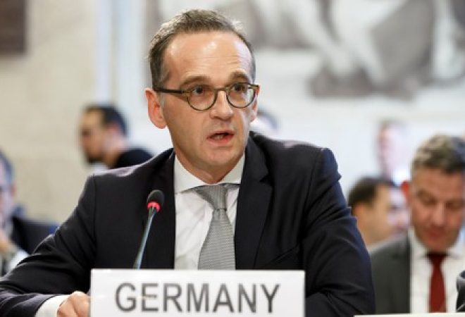 Ministro das Relações Exteriores da Alemanha, Heiko Maas, discursa durante conferência em Genebra