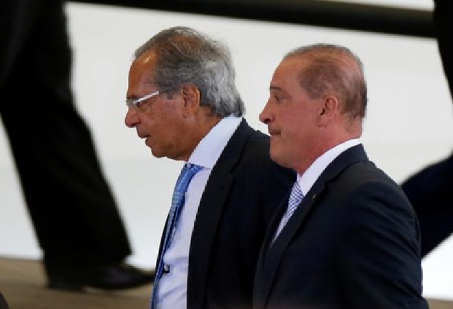 Brazil's Economy Minister Guedes and Chief of Staff Minister Lorenzoni arrive to ceremony at Planalto Palace in Brasilia