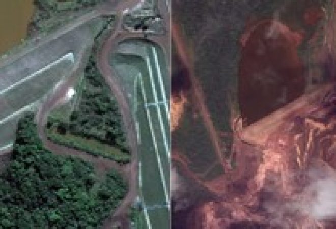 Imagens de satélite de antes e depois de barragem da Vale em Brumadinho que rompeu na semana passada