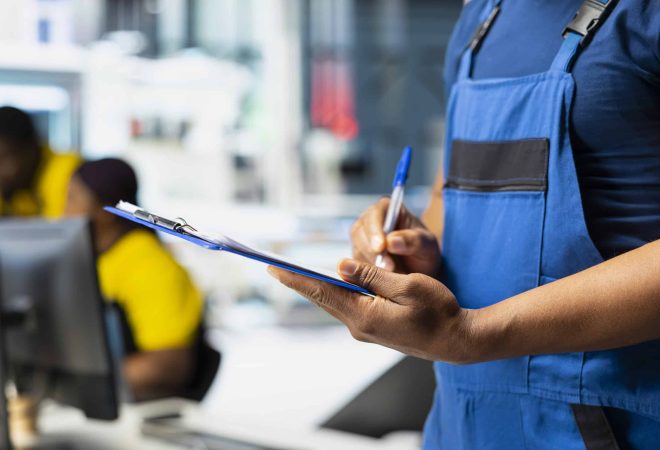 Technician investigating malfunctioning systems in photovoltaics factory, comparing parameters with pc and files. Black employee inspecting solar panels manufacturing plant, high tech.